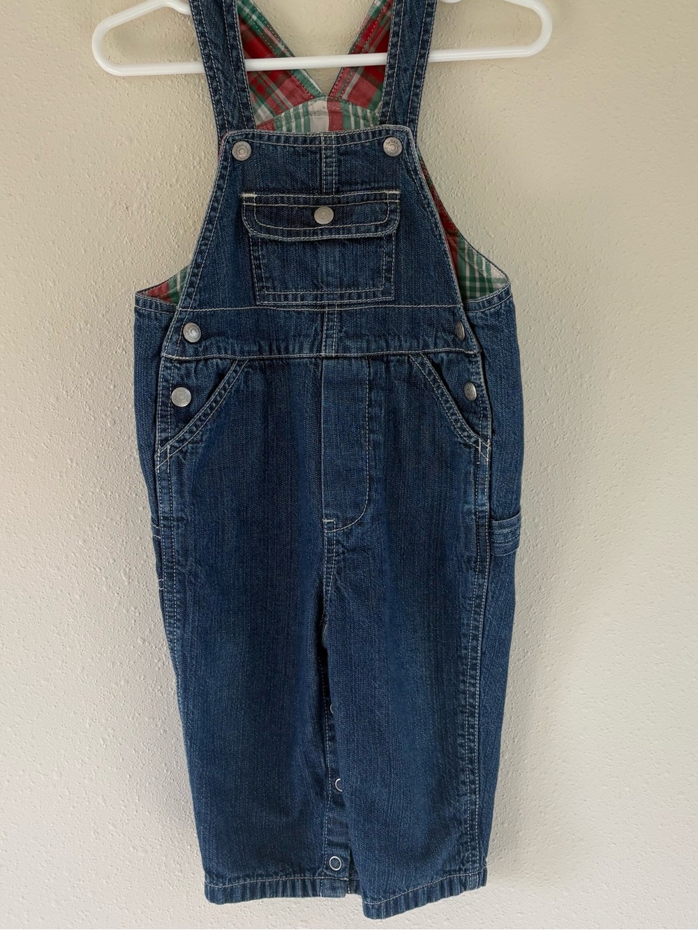 Baby Gap Denim Overalls 6-12 Months Plaid Lined Snap Leg 2000s 100% Cotton